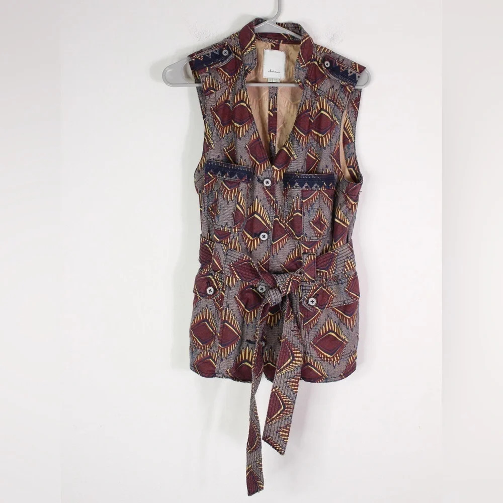 Anthropologie Elevenses Size Medium Jungle Fever Tribal‎ Print Belted Vest Artsy